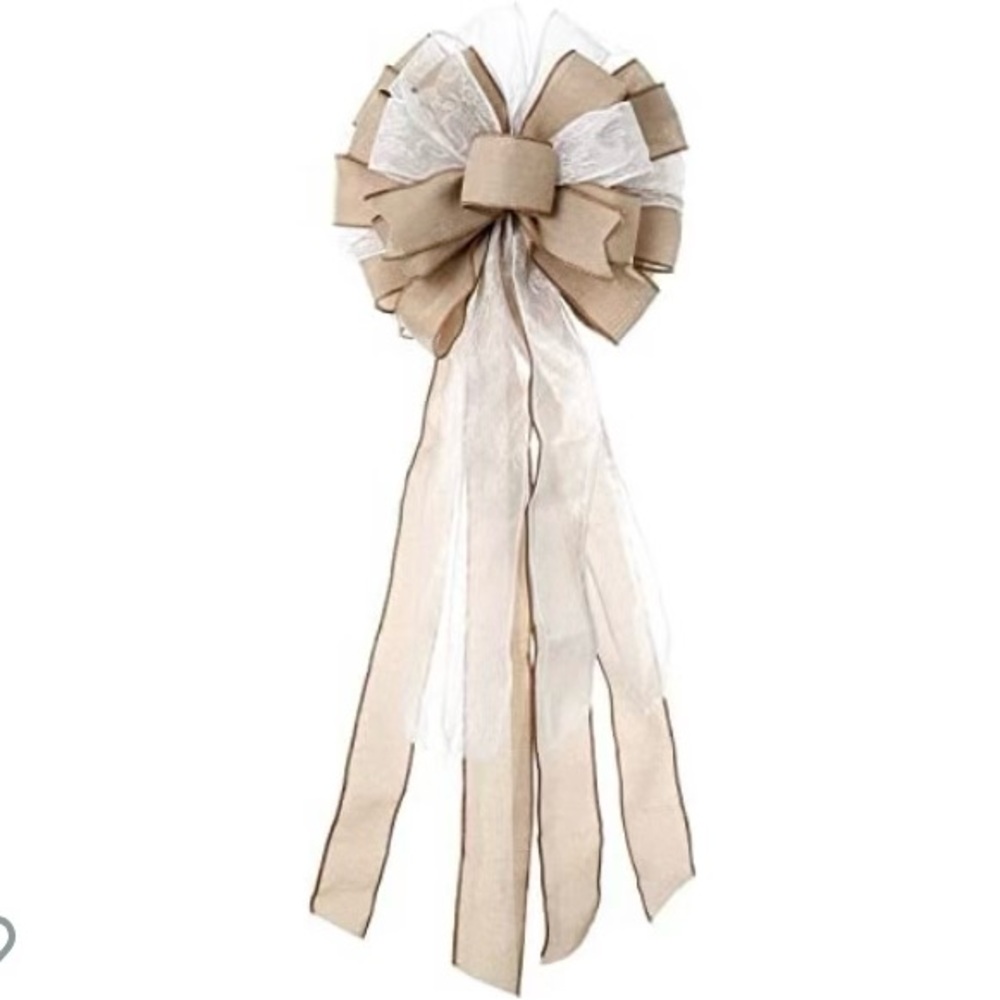 New Elegant Burlap Tan and White Christmas Bow